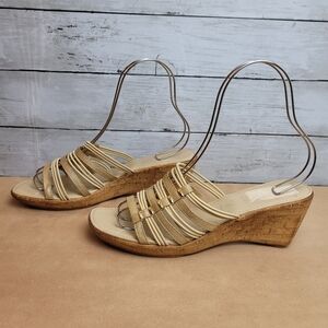 Vintage Italian Shoemakers Sandals Size 10 Gold Straps Cork Wedge Boho Italy Tan